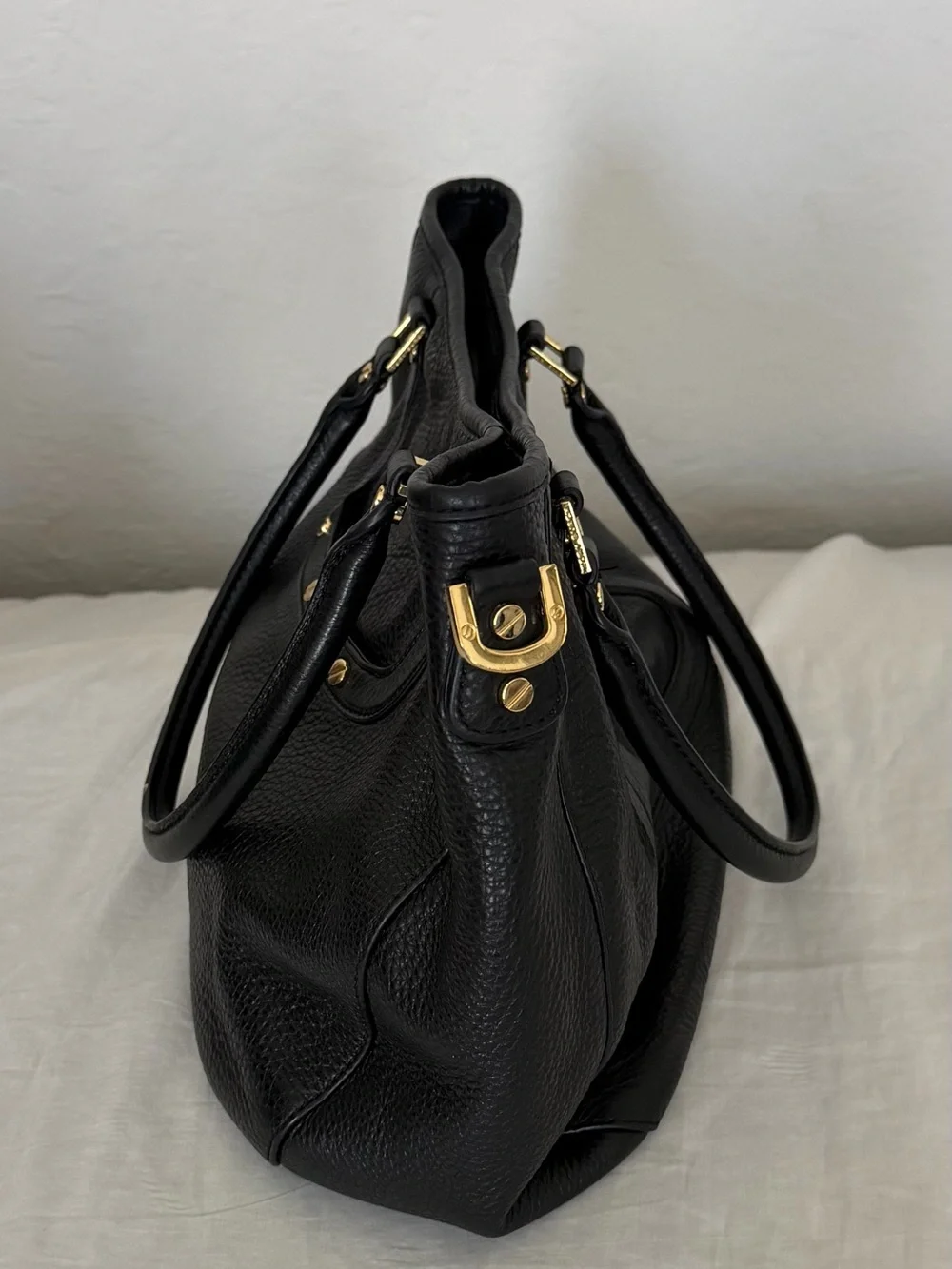 Tory Burch Black Leather Shoulder Tote with Gold Logo